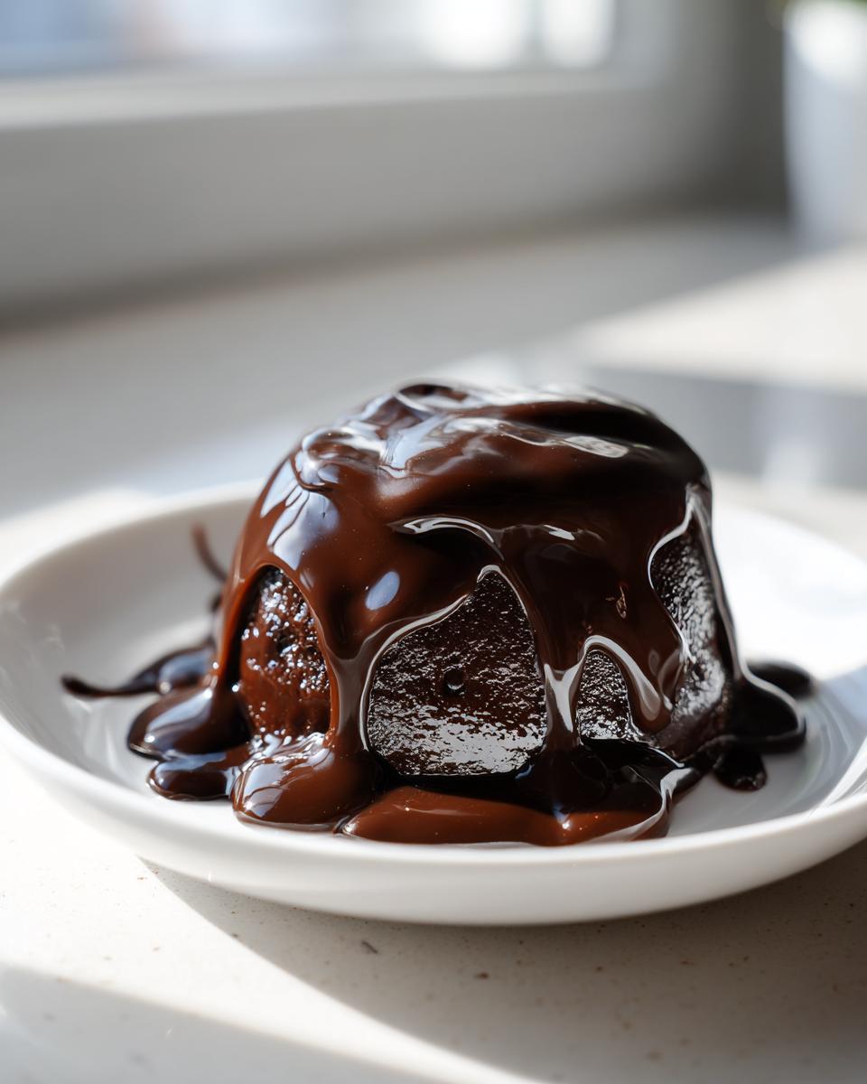 A small, dark chocolate cake generously covered in glossy, homemade chocolate sauce, served on a white plate.