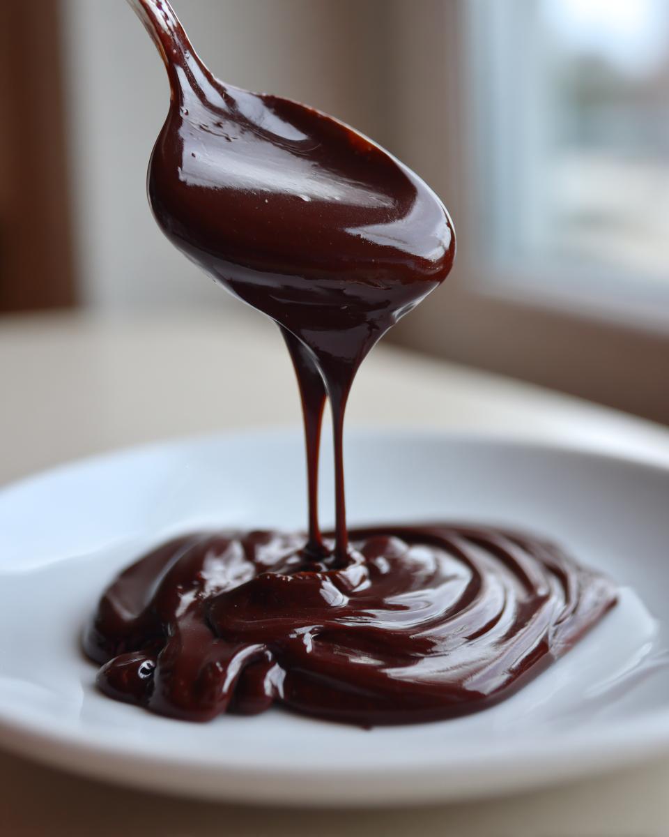 A spoonful of thick, glossy homemade chocolate sauce is being poured onto a white plate, creating swirls.