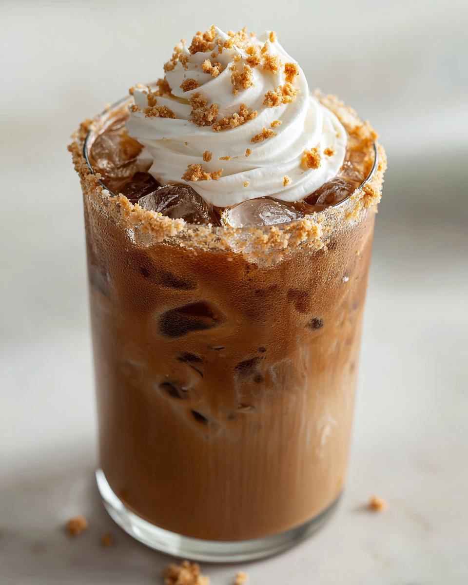 A tall glass of iced cookie butter latte topped with whipped cream and cookie crumbs.