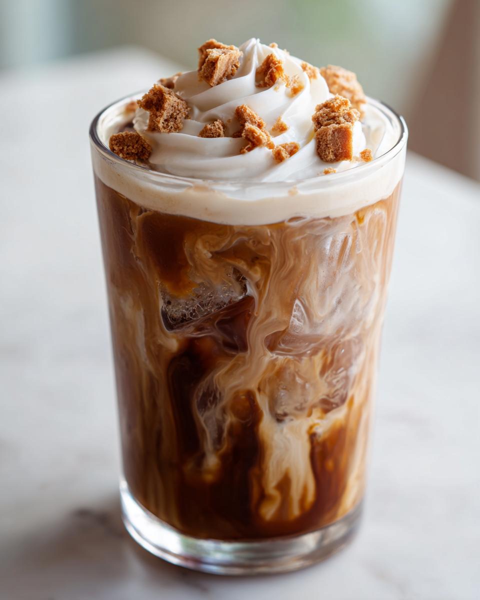 Close-up of a refreshing iced cookie butter latte with swirling milk and topped with whipped cream and cookie crumbles.