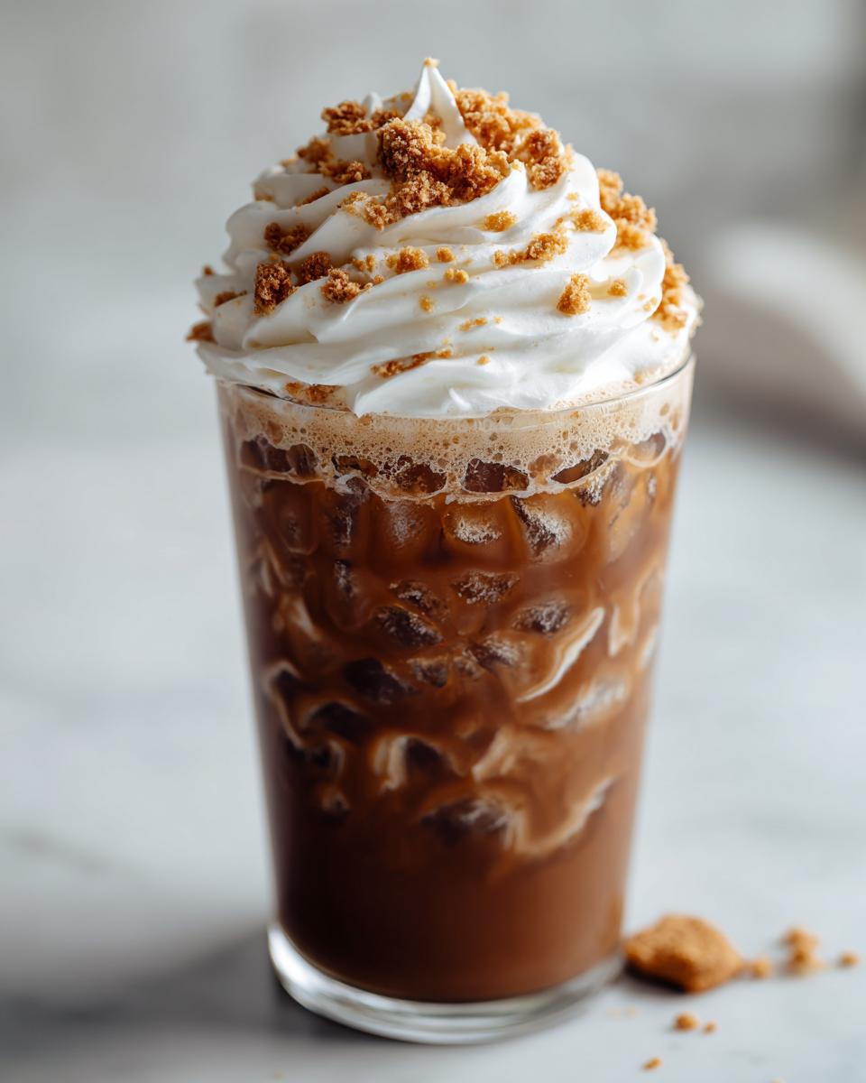 Close-up of an iced cookie butter latte topped with whipped cream and cookie crumbs.