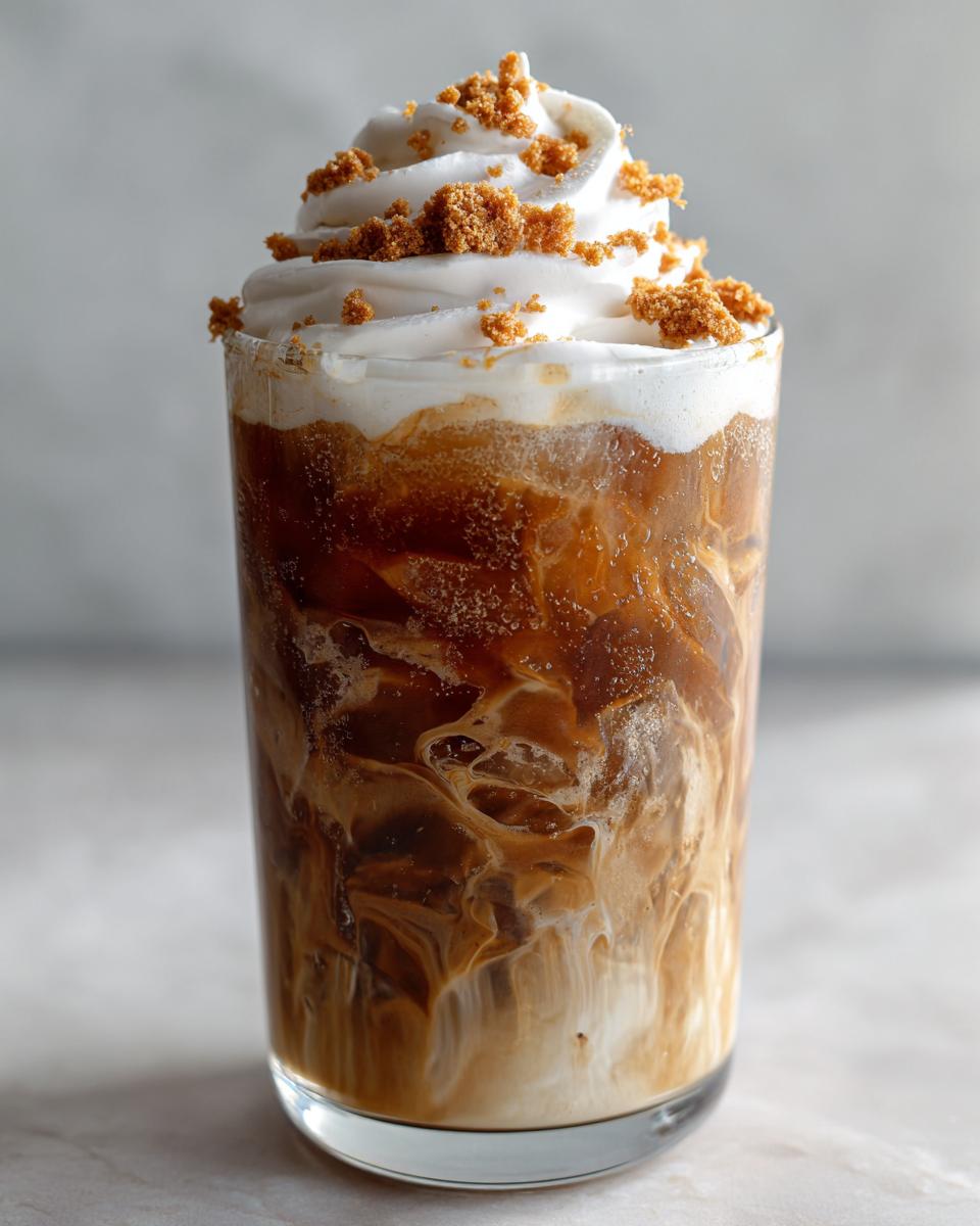 A tall glass of iced cookie butter latte with swirling coffee and milk, topped with whipped cream and cookie crumbs.