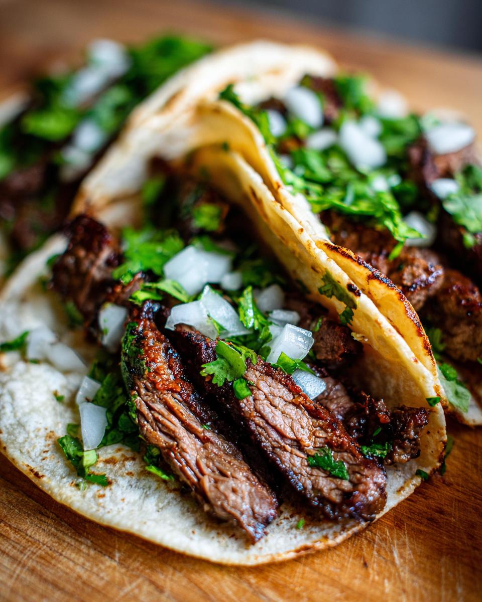 Close-up of two delicious steak tacos filled with sliced, marinated steak, diced white onion, and fresh cilantro.