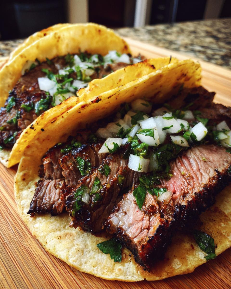 Close-up of two juicy steak tacos filled with sliced marinated meat, topped with diced white onion and cilantro.