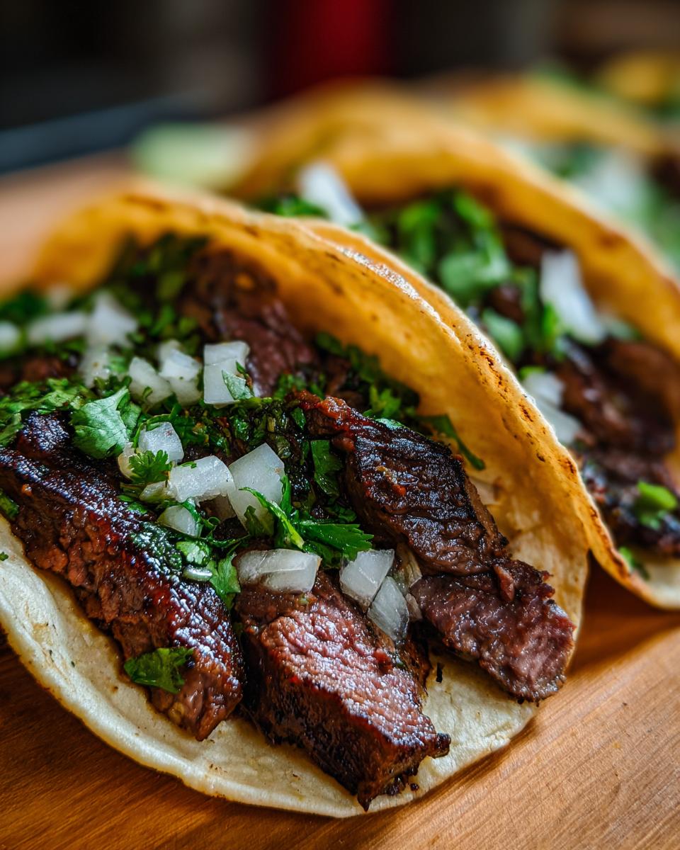 Close-up of juicy steak tacos filled with marinated steak, diced white onion, and fresh cilantro on corn tortillas.