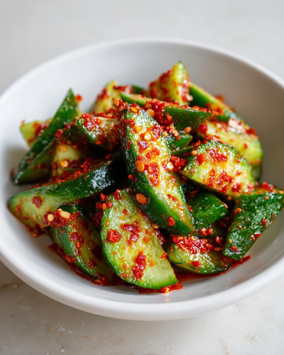 Close-up of vibrant korean cucumber salad slices coated in red chili flakes and seasoning in a white bowl.