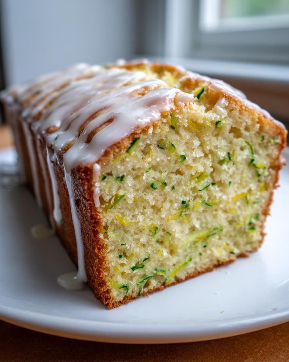 Close-up of a loaf of lemon zucchini bread topped with a thick, white lemon glaze.