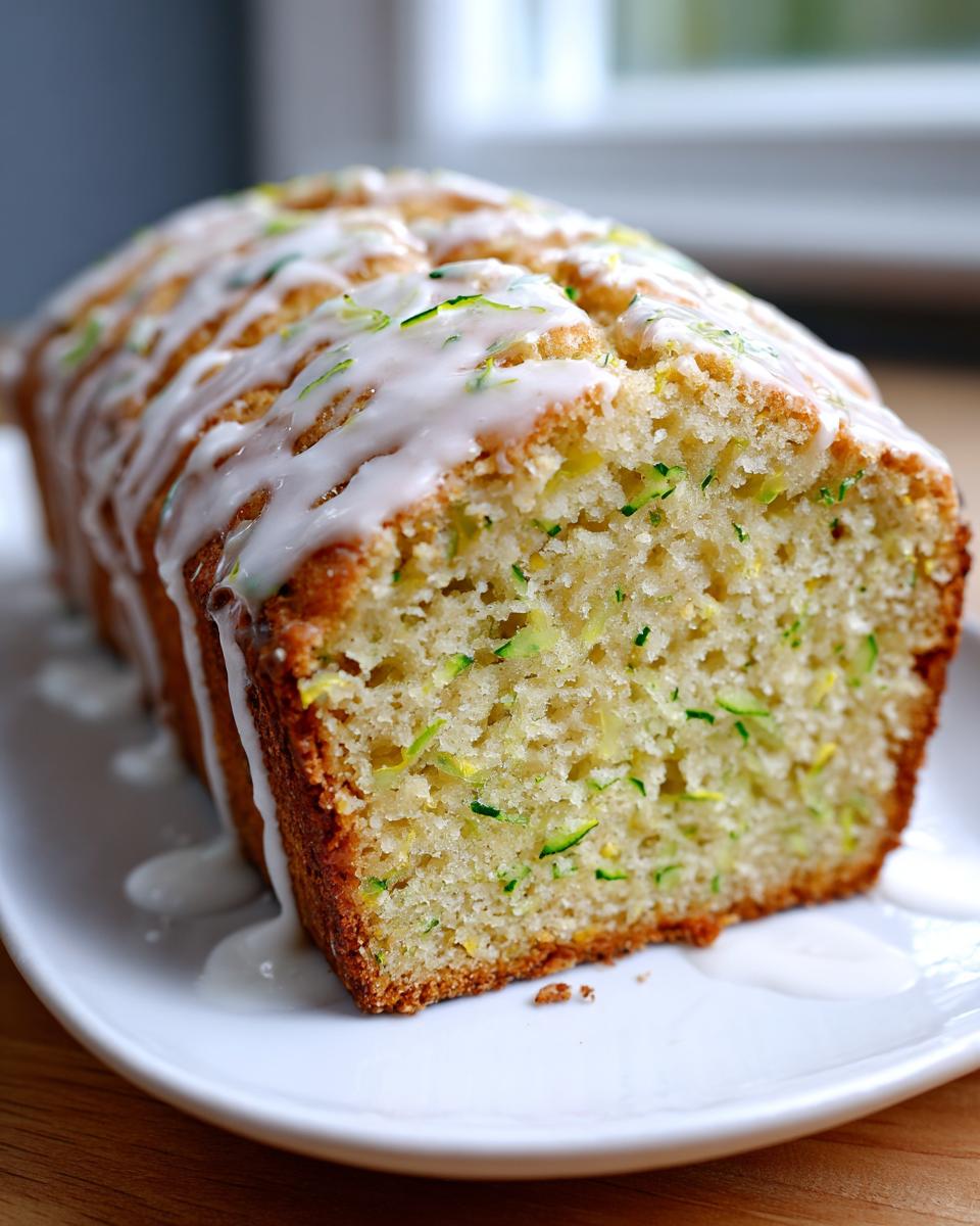 A close-up of a freshly baked lemon zucchini bread loaf topped with a white lemon glaze.
