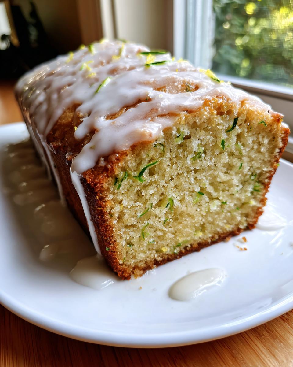 A close-up of a loaf of lemon zucchini bread, topped with thick white glaze and lemon zest.