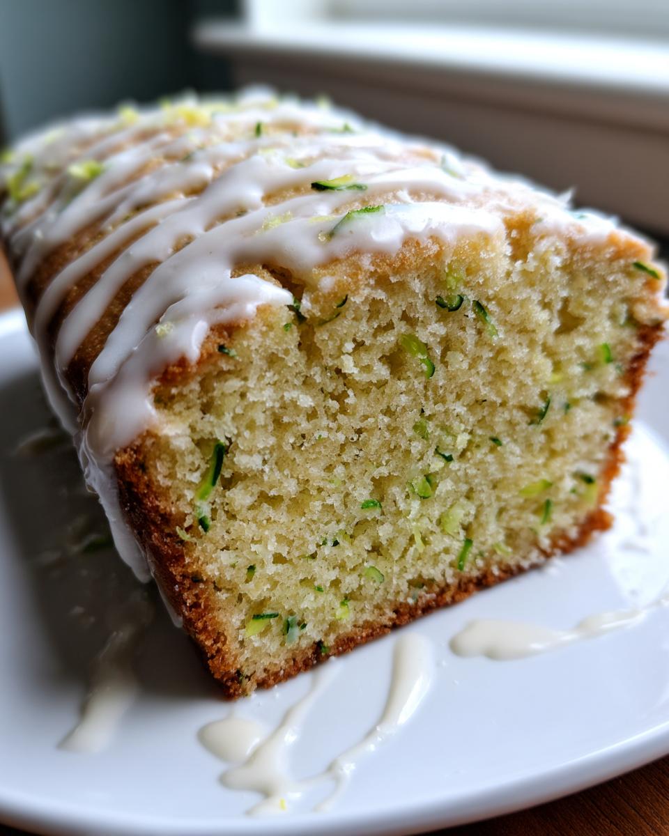 Close-up of a slice of moist lemon zucchini bread topped with a white glaze and lemon zest.