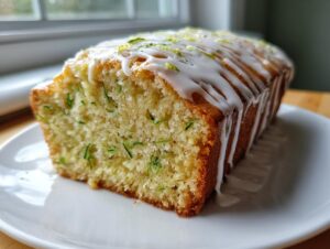 A slice of moist lemon zucchini bread topped with a thick white glaze and lime zest.