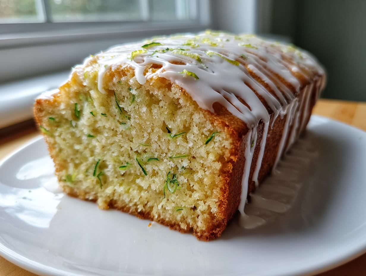 A slice of moist lemon zucchini bread topped with a thick white glaze and lime zest.