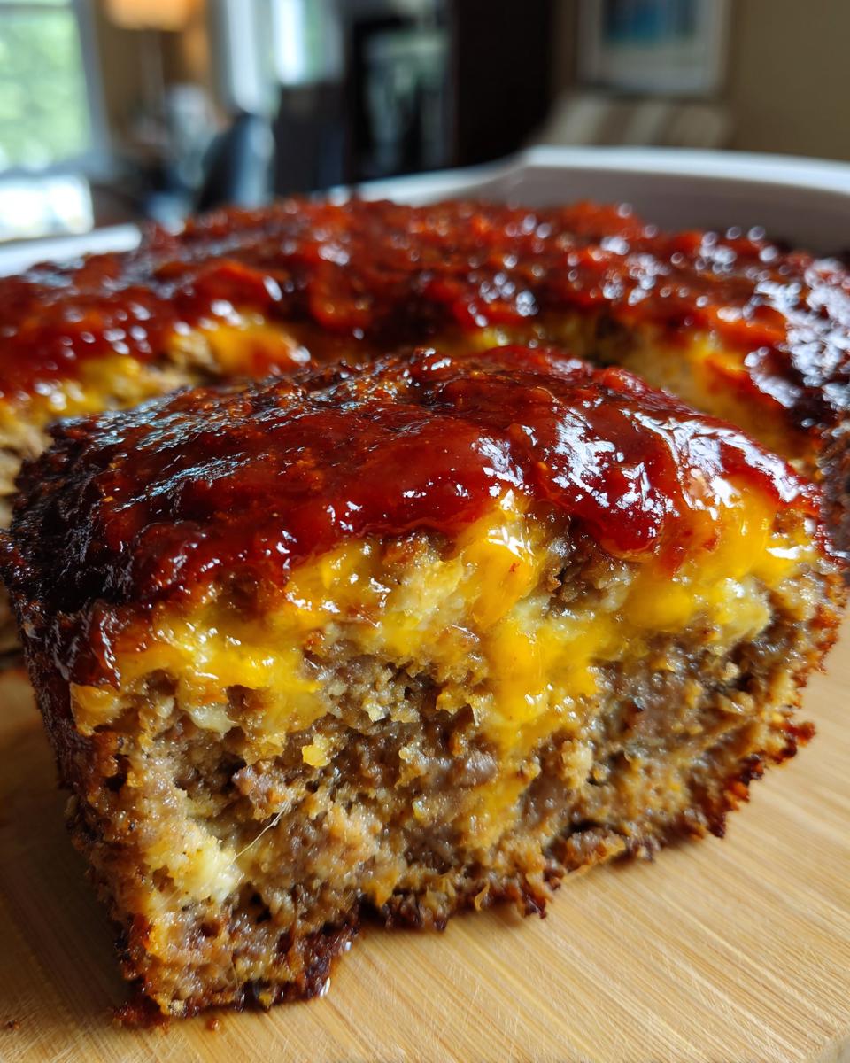 Close-up of a slice of meatloaf casserole showing ground meat texture, melted cheese layer, and a thick, glossy ketchup glaze.