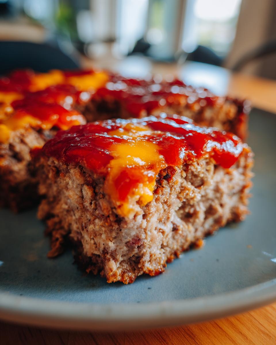 Close-up of a thick slice of moist meatloaf casserole topped with a bright red and orange glaze.