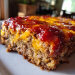 Close-up of a moist slice of meatloaf casserole topped with melted cheddar cheese and a bright red ketchup glaze.