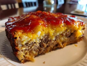 Close-up of a thick slice of meatloaf casserole showing ground meat, melted cheese, and a bright red ketchup glaze topping.
