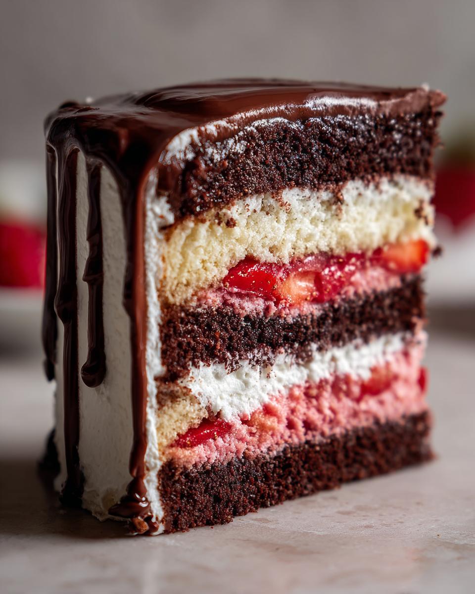 Close-up of a decadent slice of neapolitan cake showing layers of chocolate, vanilla, and strawberry filling with a chocolate ganache drip.