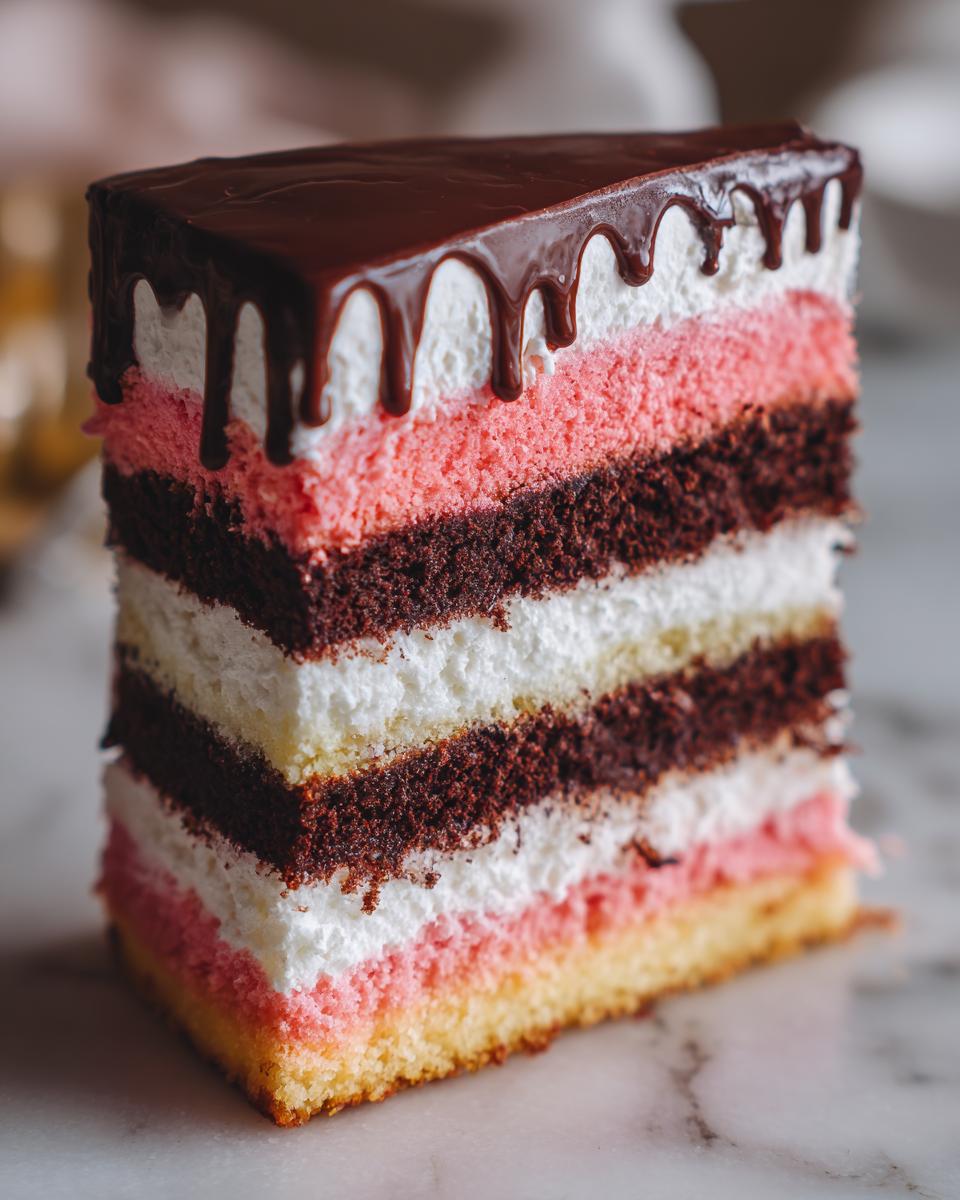 A tall, colorful slice of neapolitan cake showing layers of pink, brown, and white cake/frosting, topped with chocolate ganache drip.