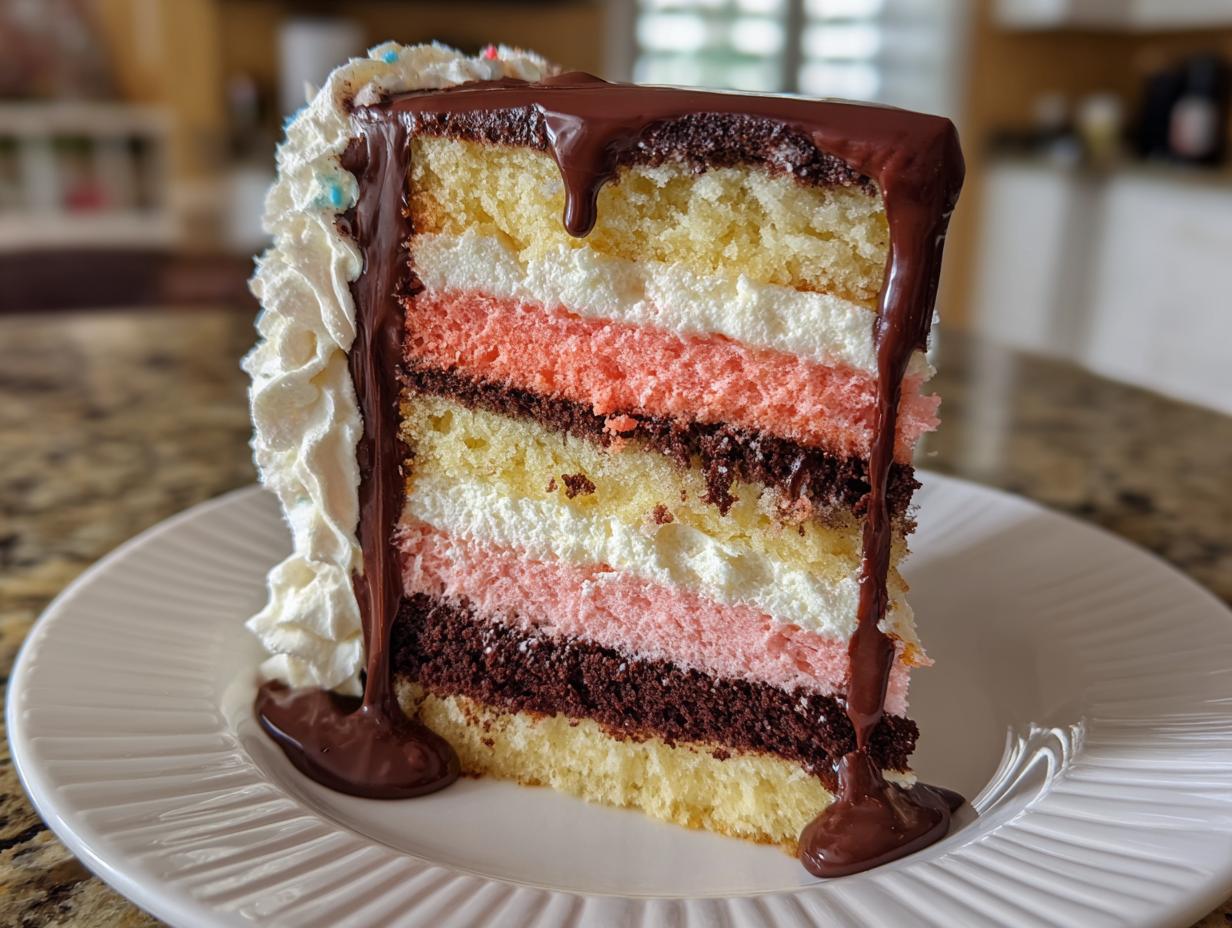 A tall slice of neapolitan cake showing layers of pink, yellow, and chocolate cake with white frosting, topped with chocolate ganache.
