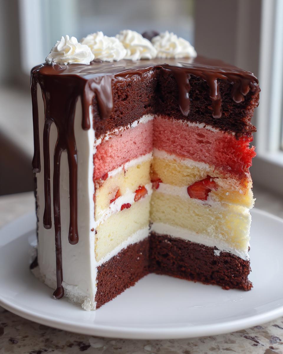 Cross-section of a tall neapolitan cake showing chocolate, pink, and yellow layers with strawberries and white frosting.