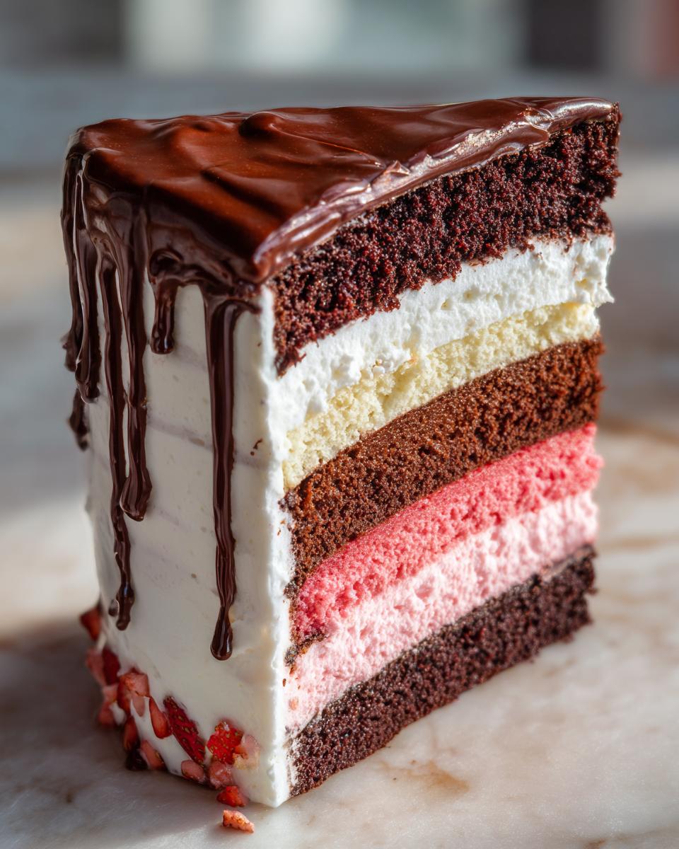 A tall slice of neapolitan cake showing distinct chocolate, vanilla, and strawberry layers, topped with chocolate ganache.