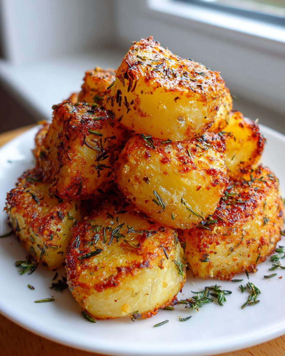 A stack of golden, crispy oven roasted potatoes seasoned generously with herbs, served on a white plate.