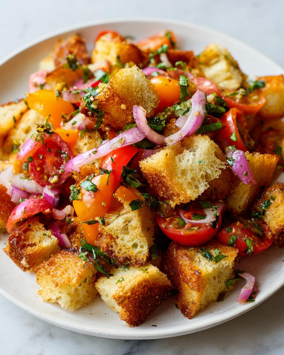 Close-up of vibrant panzanella salad featuring golden croutons, halved cherry tomatoes, and red onion slices.