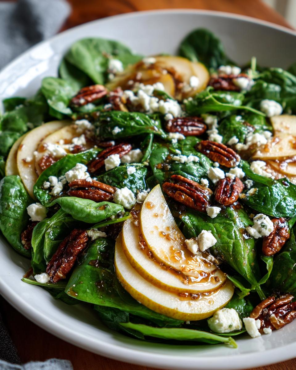 Close-up of a vibrant pear salad featuring spinach, sliced pears, candied pecans, and crumbled feta or blue cheese.