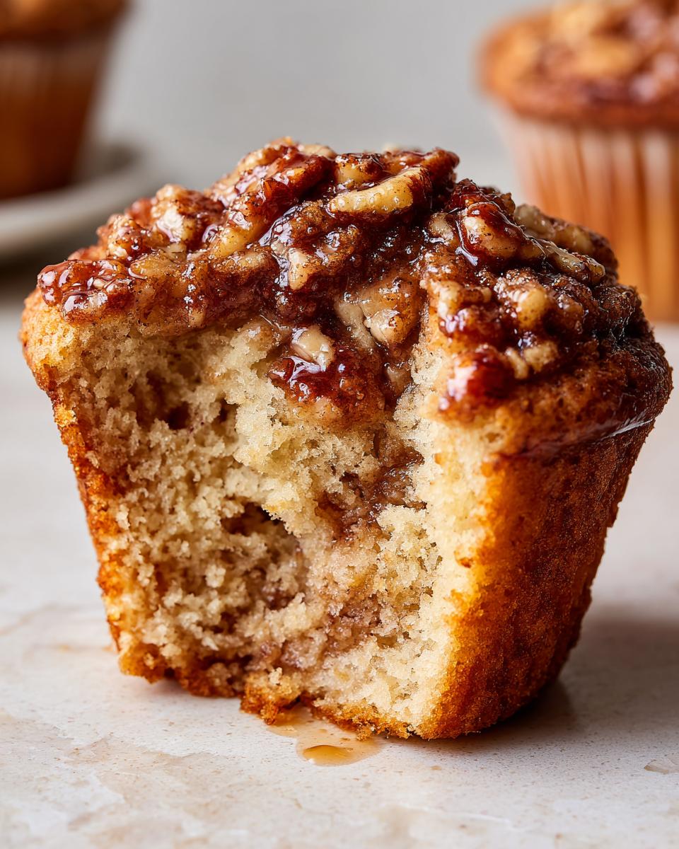 A close-up shot of a pecan pie muffins with a bite taken out, showing the moist interior and sticky pecan topping.