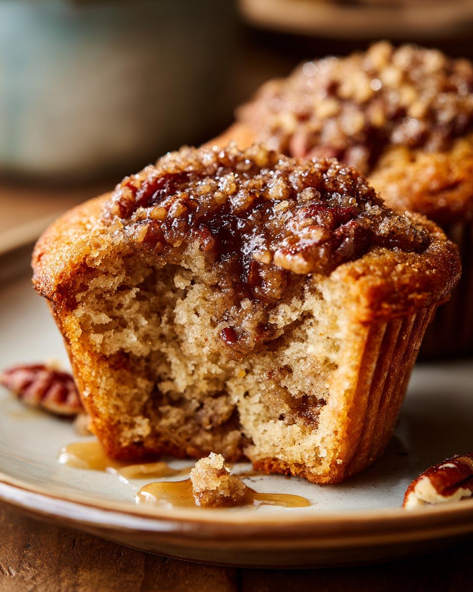 Close-up of a pecan pie muffin with a bite taken out, revealing a moist interior and sticky pecan topping.