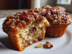 A close-up of a pecan pie muffin with a bite taken out, showing the moist interior and sticky pecan topping.