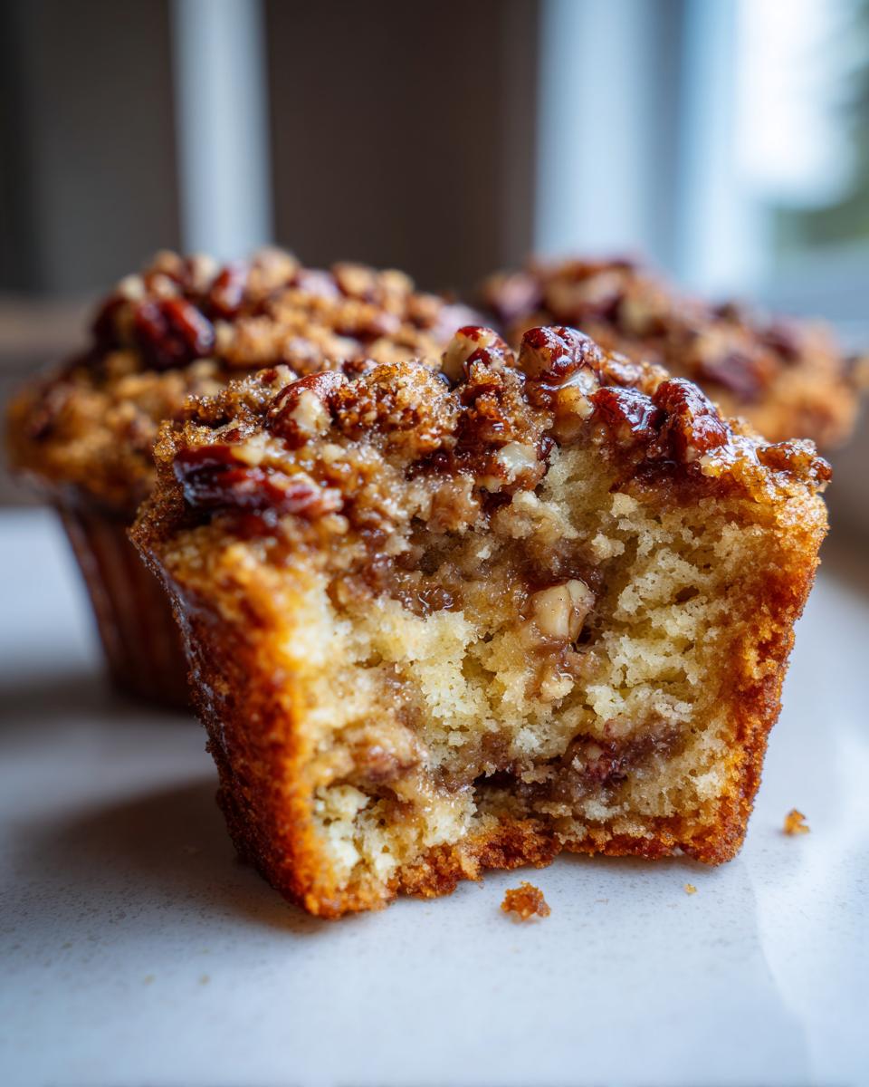Close-up of a pecan pie muffin cut in half showing the moist interior and pecan topping.