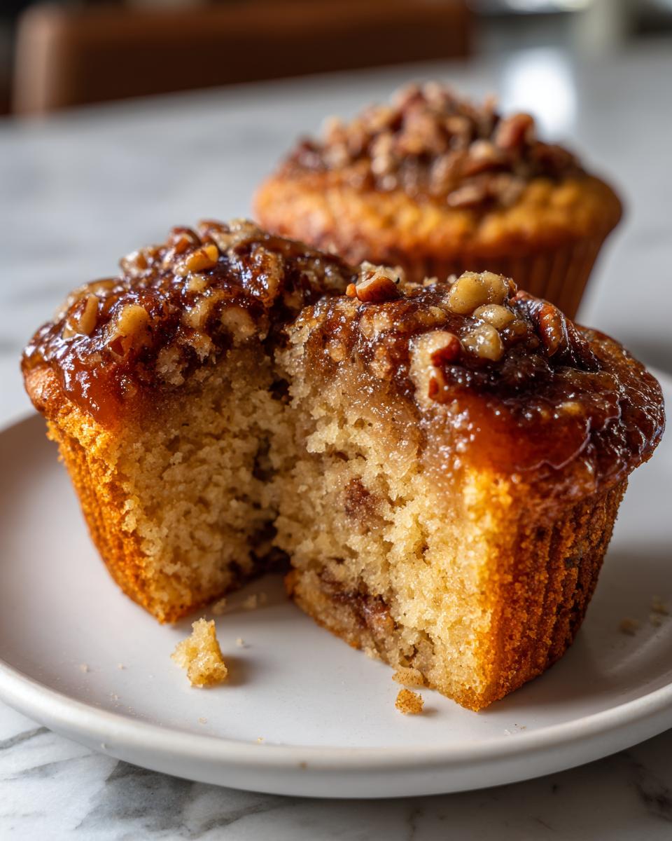 Close-up of a pecan pie muffin cut in half showing the moist interior and sticky pecan topping.