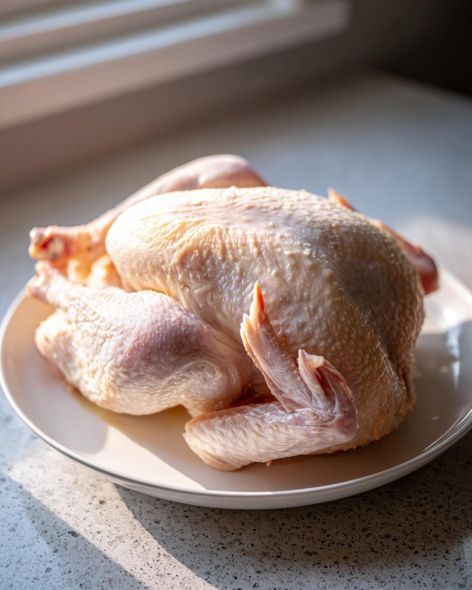 A raw, whole turkey resting on a white plate, ready for the turkey brine process.