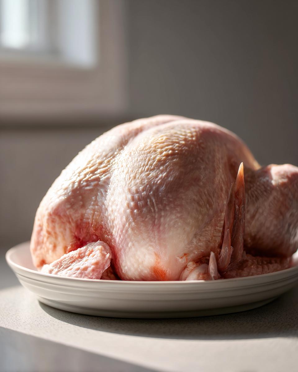 A raw, whole turkey resting on a white plate, ready for the turkey brine process to ensure juicy meat.