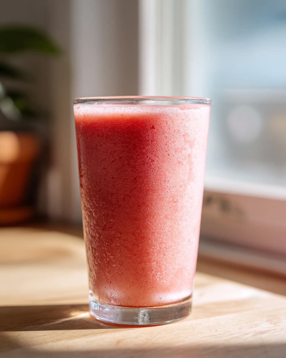 A tall glass filled with a vibrant, frothy watermelon smoothie sitting on a sunlit wooden surface.