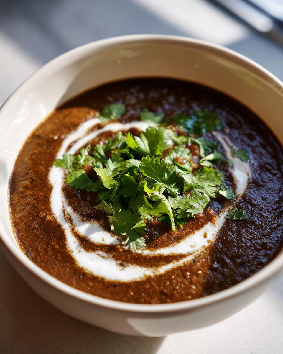 Close-up of rich, dark black bean soup topped with a swirl of cream and fresh cilantro.