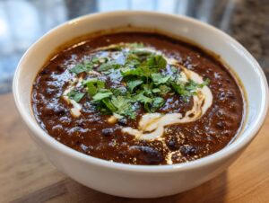 Close-up of a bowl of rich, dark black bean soup garnished with a swirl of cream and fresh chopped cilantro.