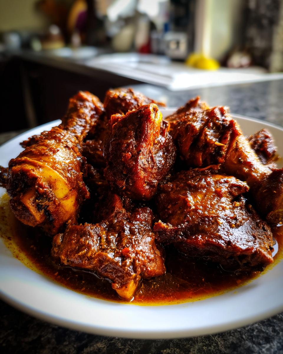 Close-up of rich, dark brown stew chicken pieces coated in savory sauce served on a white plate.