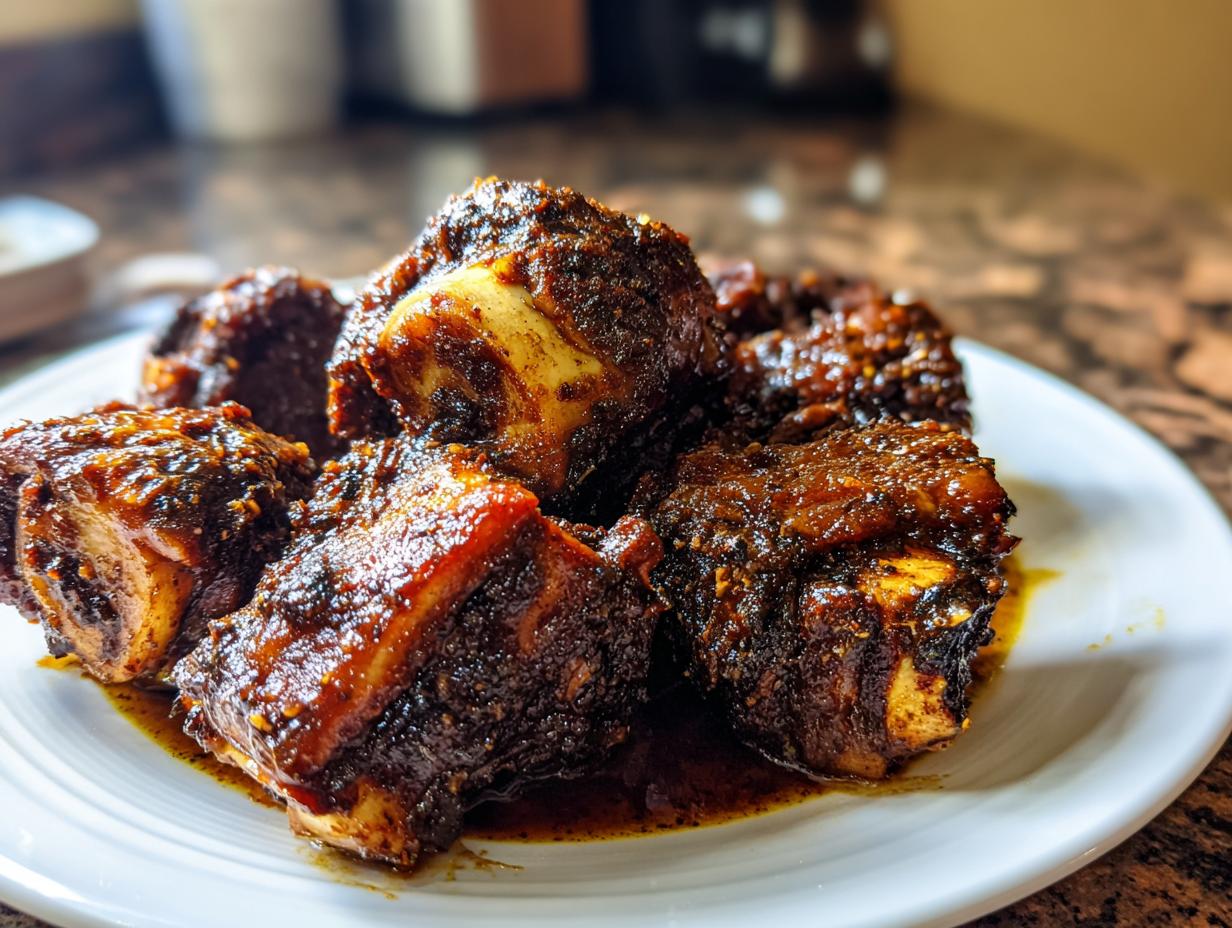 Close-up of several pieces of dark, richly glazed brown stew chicken served on a white plate.