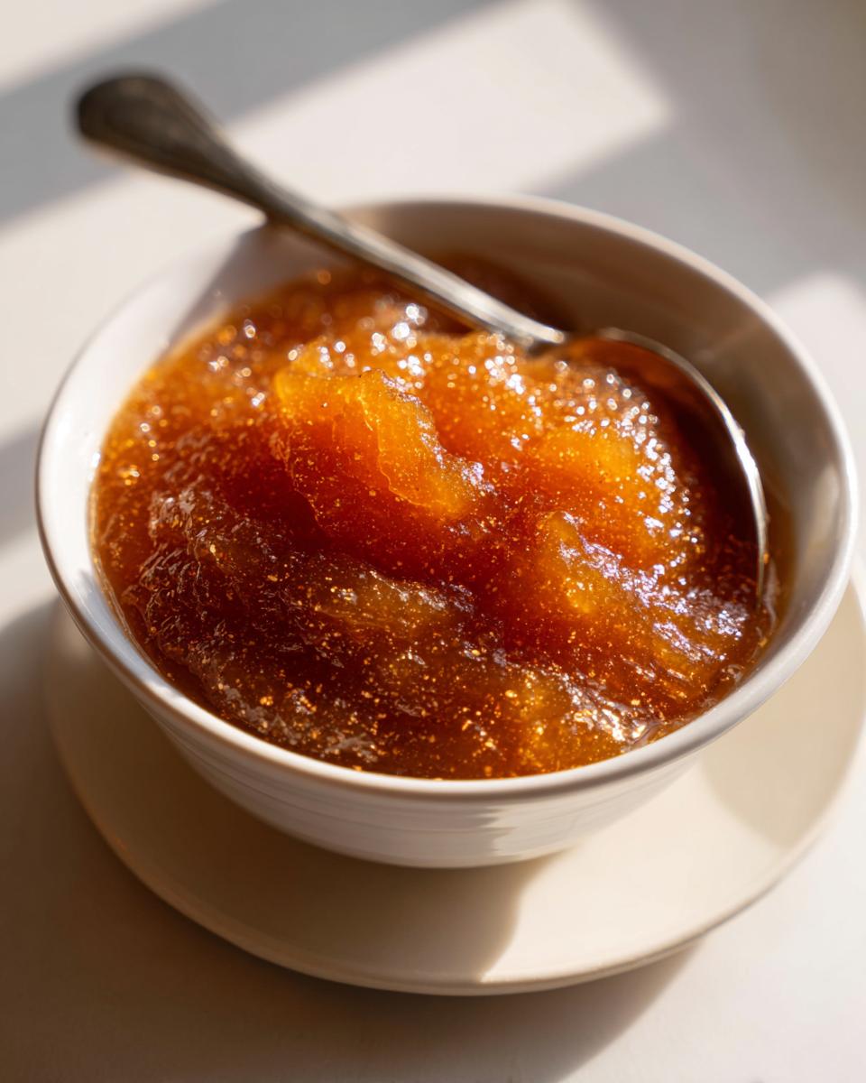 Close-up of thick, dark amber pear butter in a white bowl with a silver spoon resting inside.