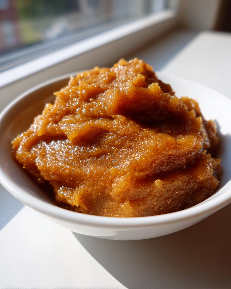 A close-up of thick, rich, spiced pear butter piled high in a small white bowl, bathed in sunlight.