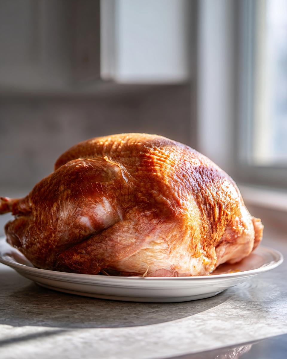 A perfectly roasted turkey with golden-brown skin resting on a white platter after using the turkey brine recipe.