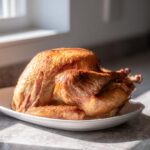A perfectly roasted, golden-brown turkey resting on a white platter, showcasing the results of a great turkey brine.