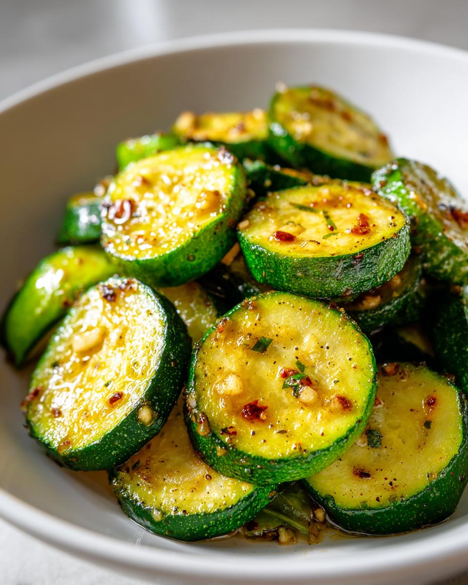 Close-up of perfectly sauteed zucchini slices glistening with oil, garlic, and red pepper flakes.