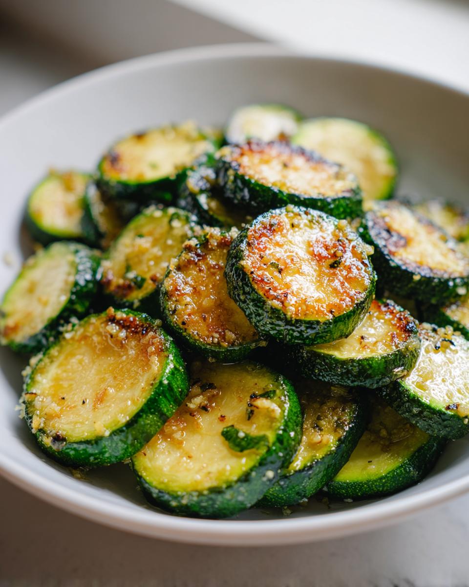 Close-up of golden brown sauteed zucchini slices topped with Parmesan cheese in a white bowl.