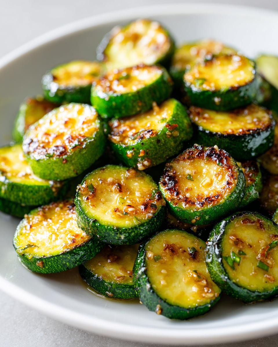 Close-up of perfectly browned and glossy sauteed zucchini slices piled high on a white plate.