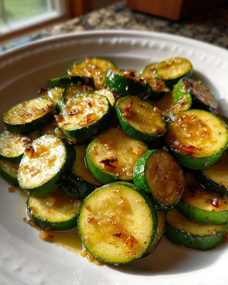 Close-up of bright green, round sauteed zucchini slices coated in a shiny, garlicky glaze on a white plate.