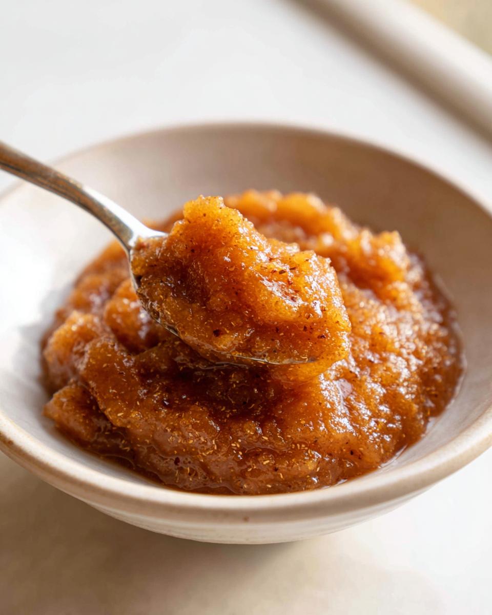 A spoonful of thick, dark brown homemade pear butter being lifted from a small ceramic bowl.