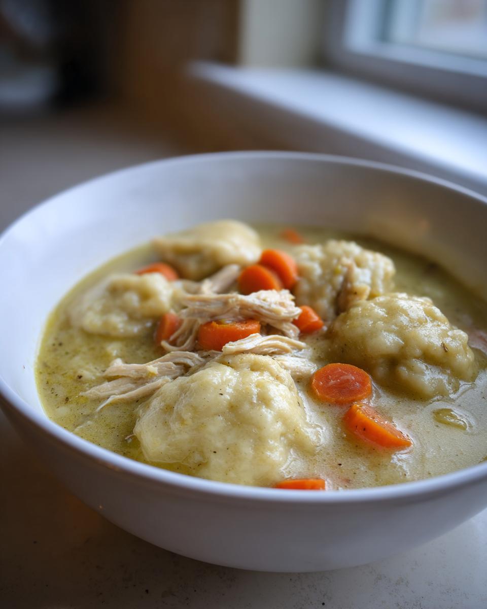 A close-up view of a hearty bowl of chicken and dumpling stew, featuring fluffy dumplings, shredded chicken, and sliced carrots in a creamy broth.